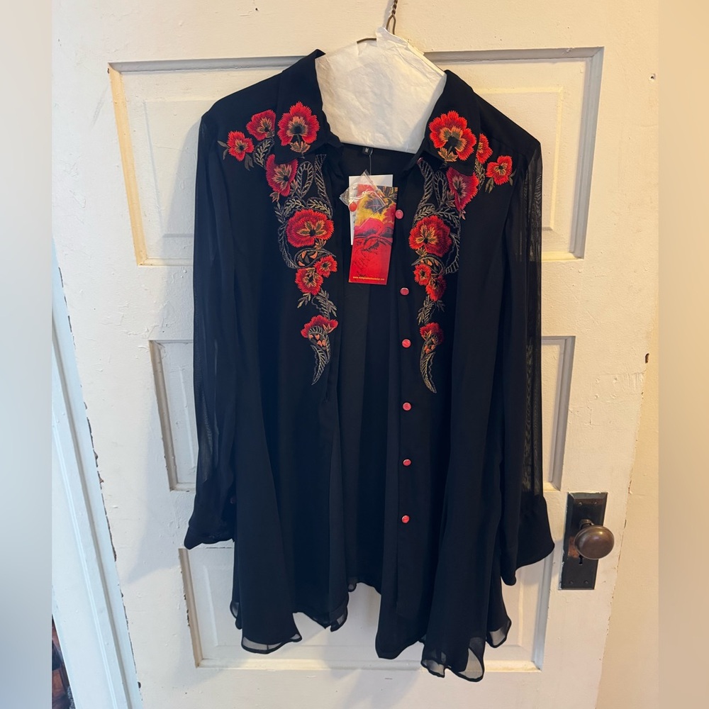 Vintage Collection, Medium, button down blouse with orange flowers.
